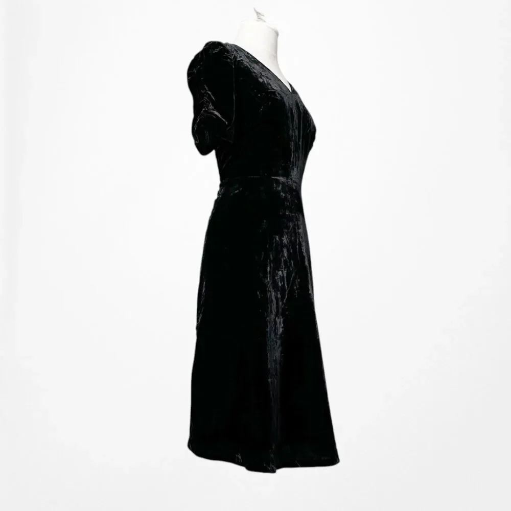 Vintage Y2K Talbots Black Velvet V-Neck Puffy Sleeve Flared Cocktail Dress M